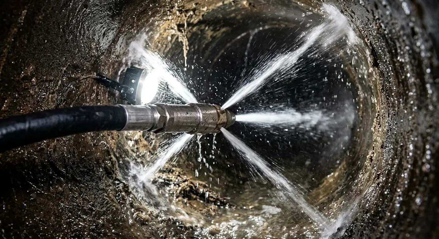 High-pressure hydro jetting nozzle cleaning sewer pipe for Emergency Drain Service in Linganore