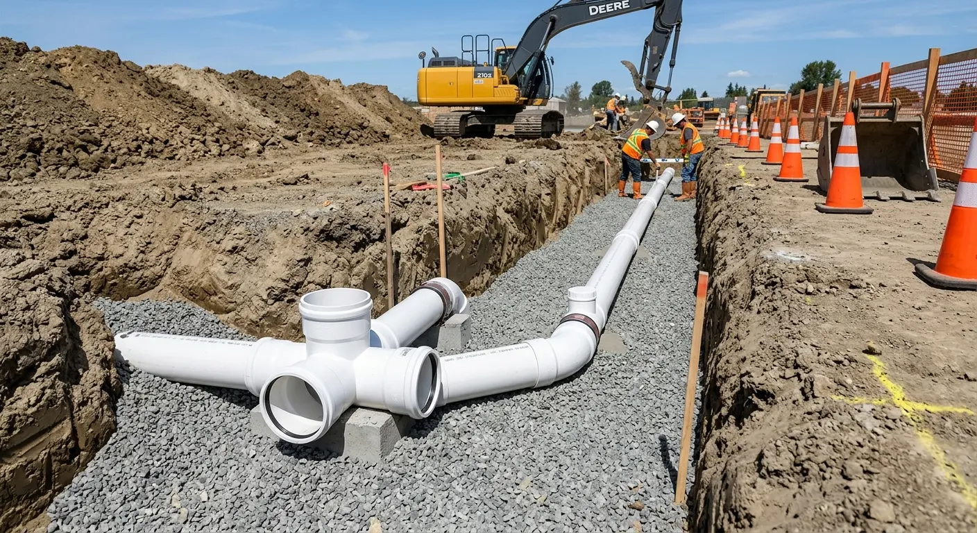 New PVC sewer pipe installation in open trench for Sewer Backup in Linganore
