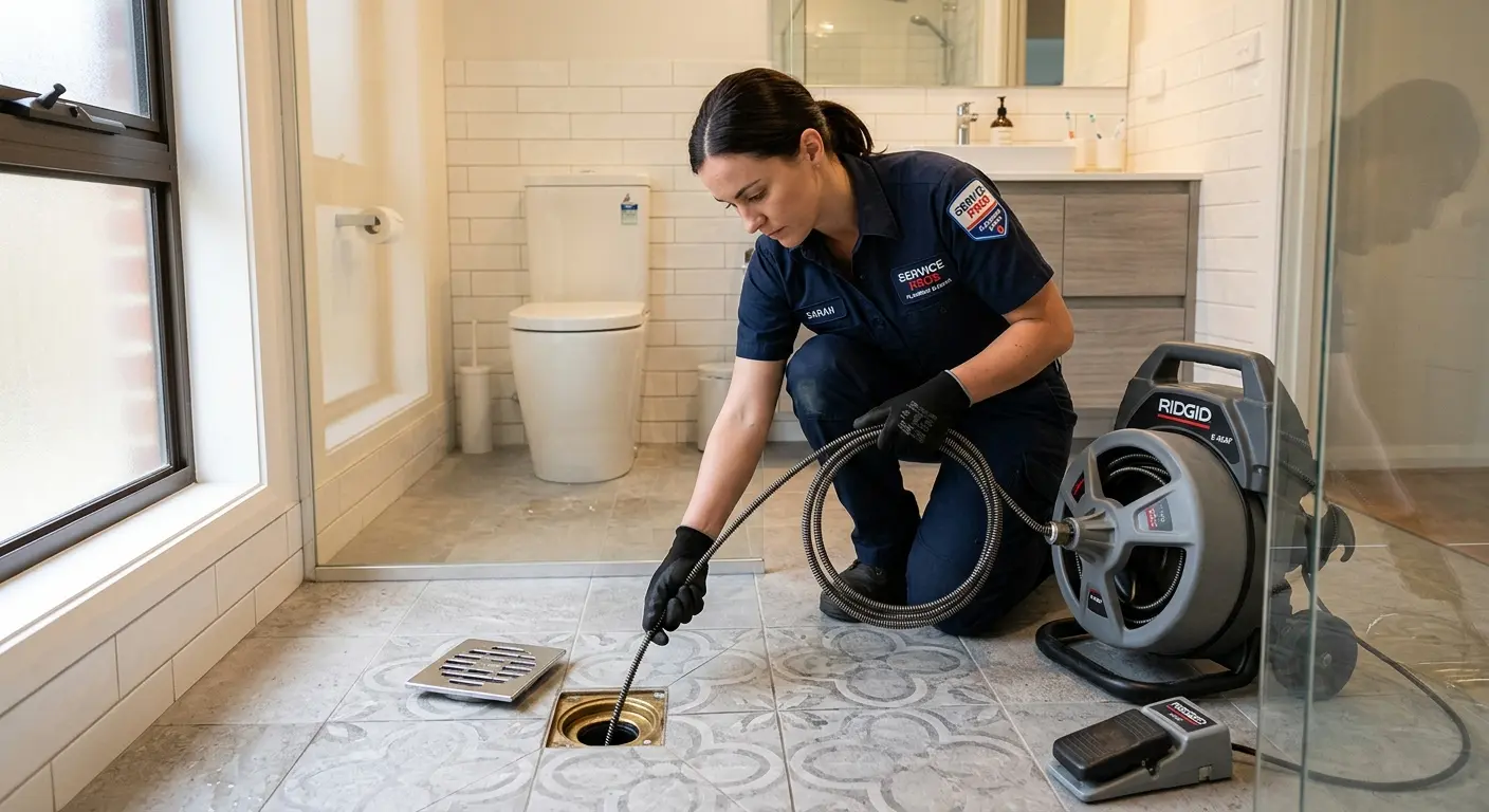 Technician clearing a bathroom floor drain for Drain Cleaning in Linganore